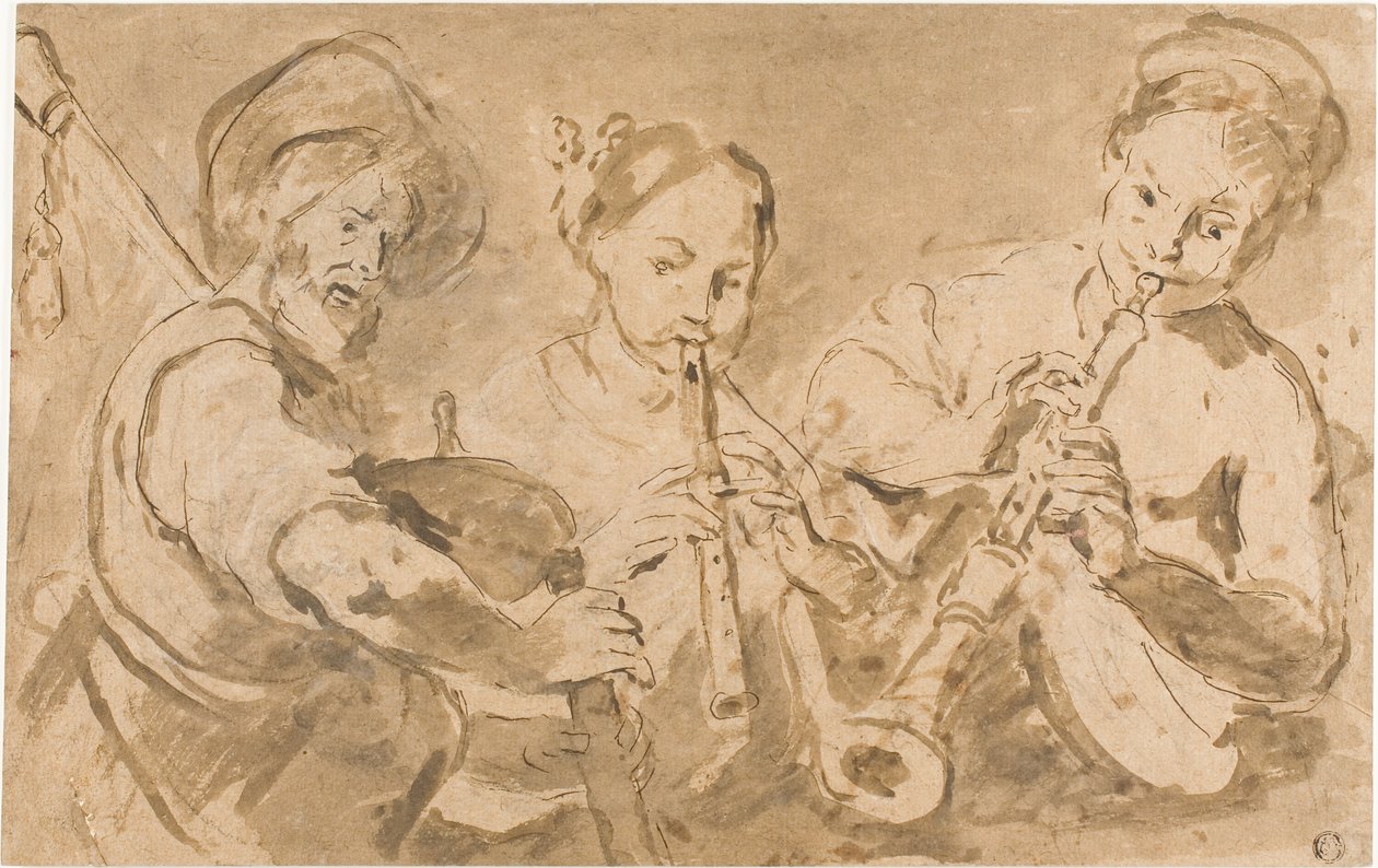 Drei Musiker, die Hörner und Pfeife spielen von Bernardo Strozzi