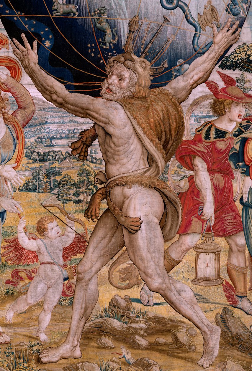 Flämischer Wandteppich. Serie Die Sphären. Herkules trägt die Himmelskugel. Erster Wandteppich der Serie. Modell Barend van Orley oder Pieter Coecke van Aelst. 1525-1530. Herstellung Joris Vezeleer (Georg Wezeler)? von Bernart van (attr. to) Orley