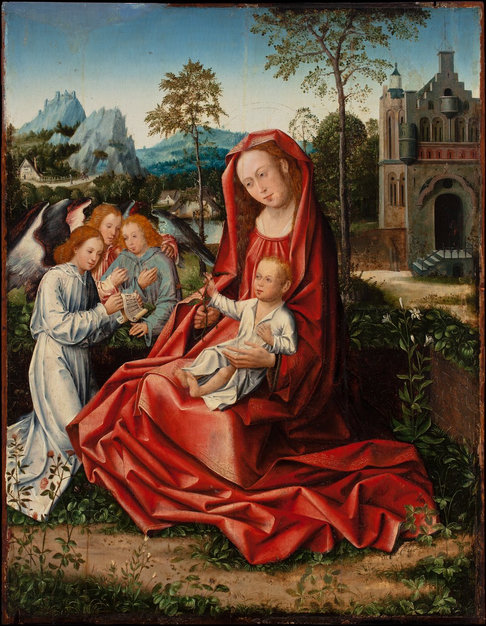 Jungfrau und Kind mit Engeln, ca. 1530-1550 von Bernart van (follower of) Orley
