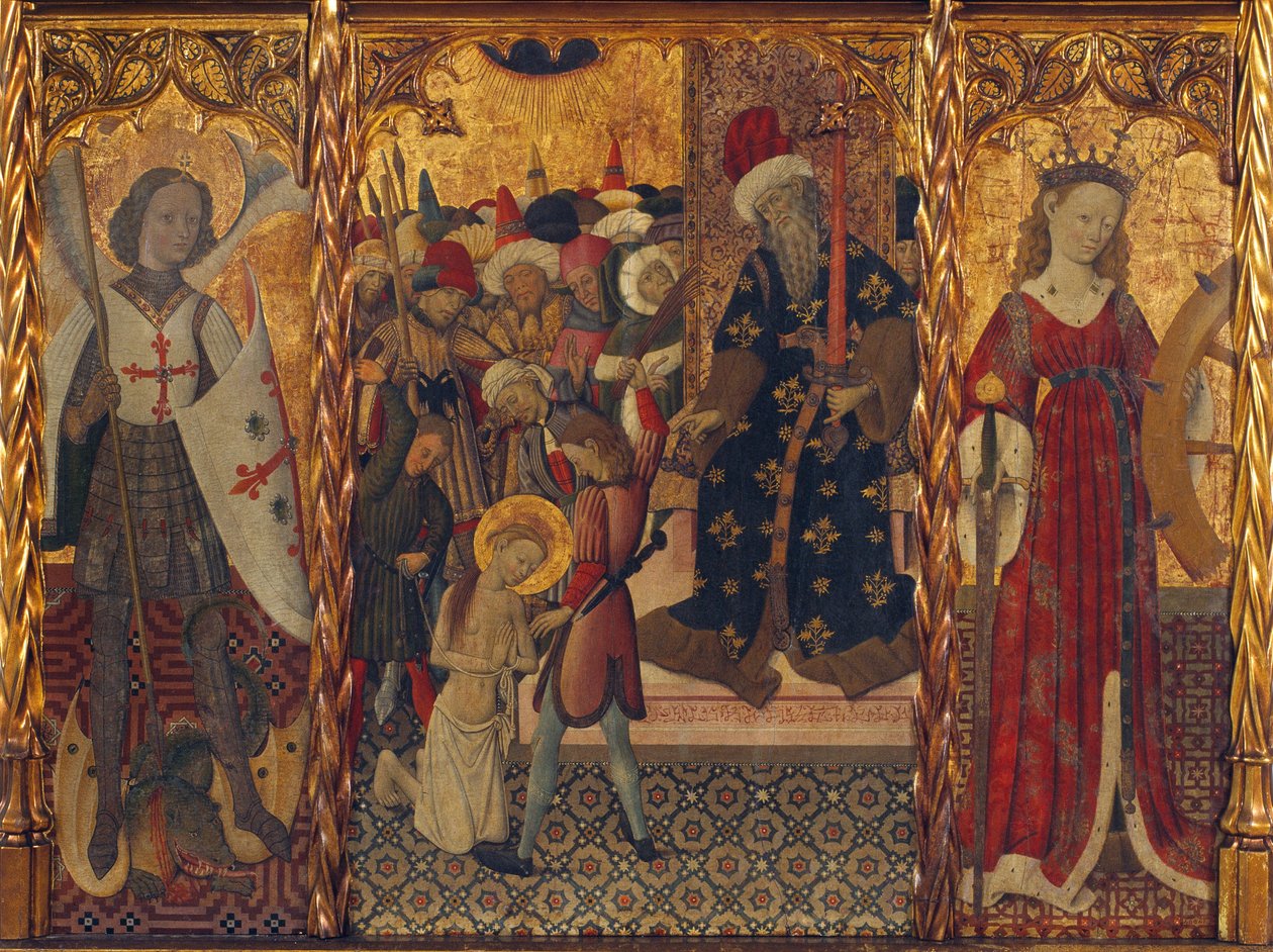 Heiliger Michael und Heilige Katharina, flankierend das Martyrium der Heiligen Eulalia von Barcelona (289-304) von Bernat Martorelli