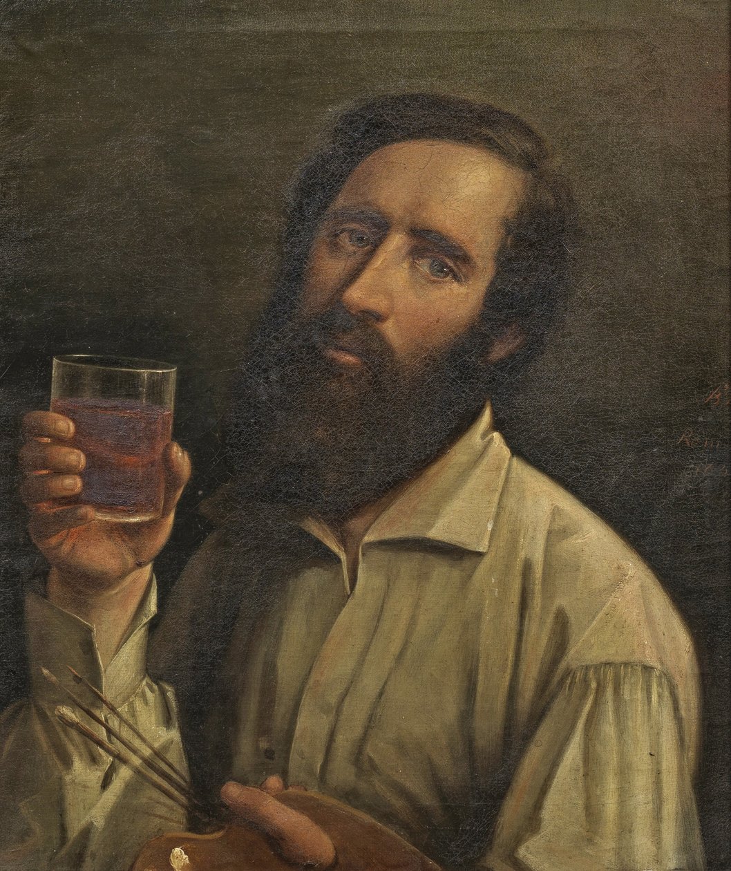 Selbstbildnis mit Palette und Weinbecher, 1854 von Bernhard Plockhorst
