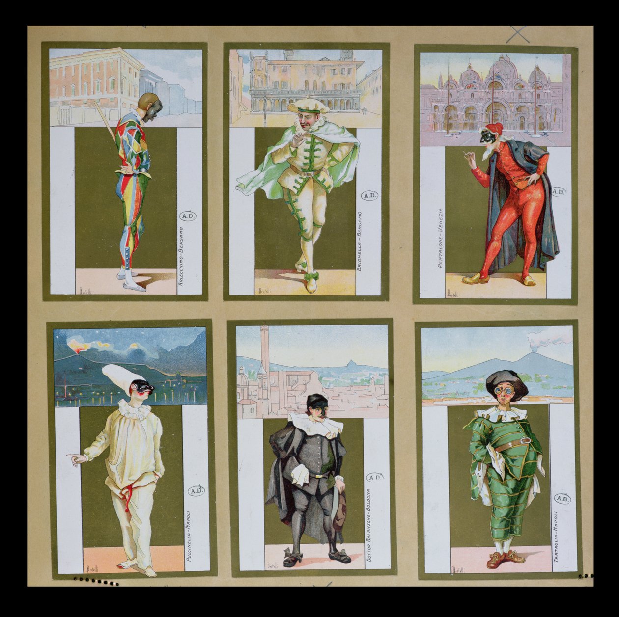 Satz von sechs Vignetten, die Charaktere aus der Commedia dell