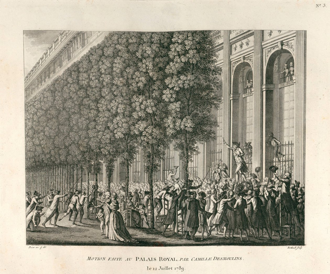 Bewegung im Palais Royal von Camille Desmoulins am 12. Juli 1789 von Berthault