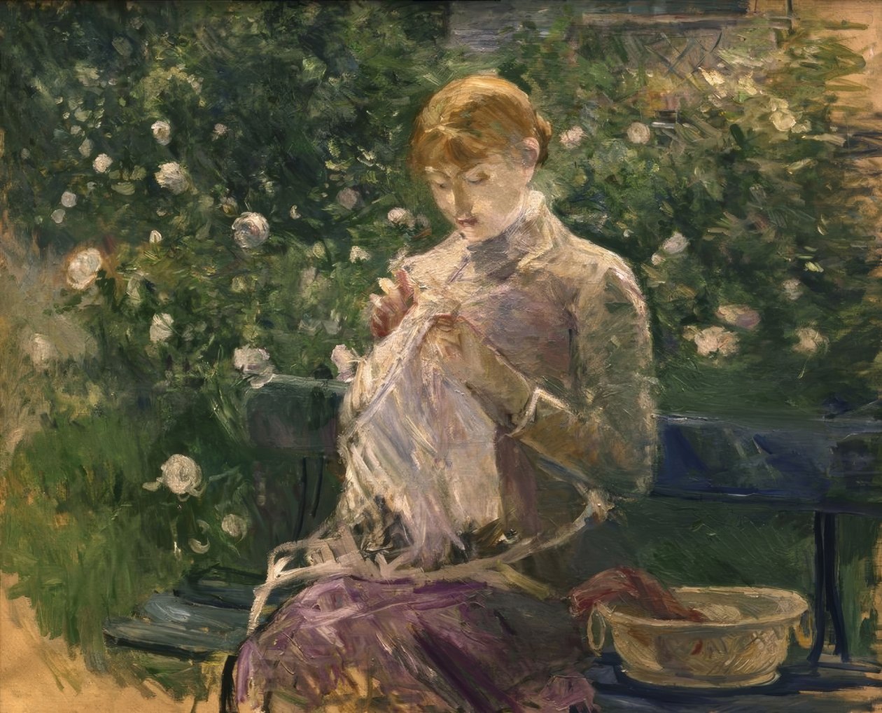 Pasie näht im Garten von Bougival – 1881 – 81 × 100 cm – Öl auf Leinwand von Berthe Morisot