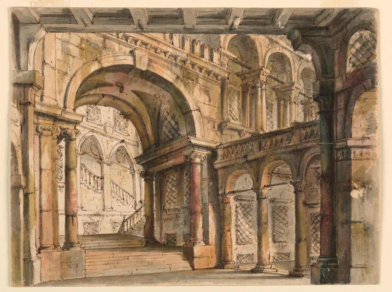 Bühnenbild, Palasthöfe und Treppen von Bibiena Family, 1657