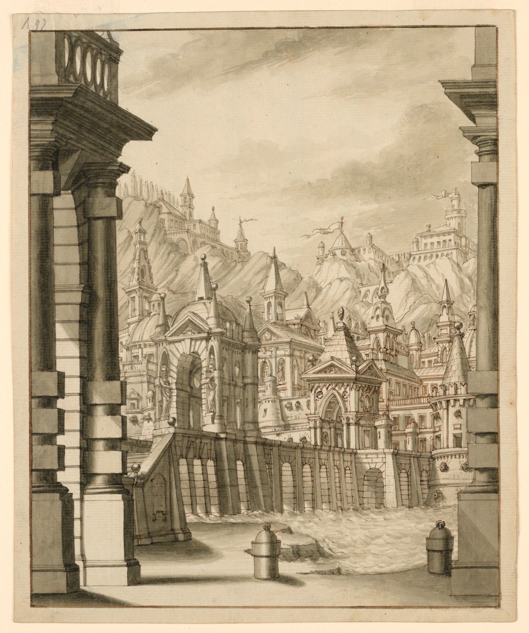Bühnenbild, Stadt auf Hügel mit Türmen von Bibiena Family, 1657