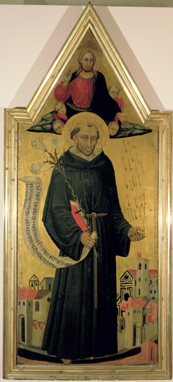 St. Nikolaus von Tolentino (ca. 1246-1305) schützt Empoli vor der Pest, 1445 (Tempera mit Vergoldung auf Holz) von Bicci di Lorenzo
