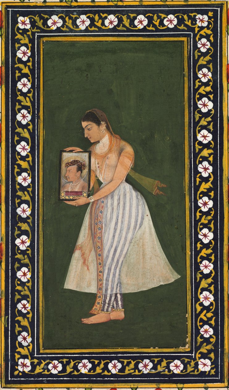 Nur Jahan hält ein Porträt von Kaiser Jahangir von Bishandas