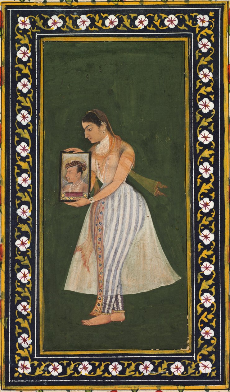 Nur Jahan, ein Porträt von Kaiser Jahangir haltend, ca. 1627 von Bishandas
