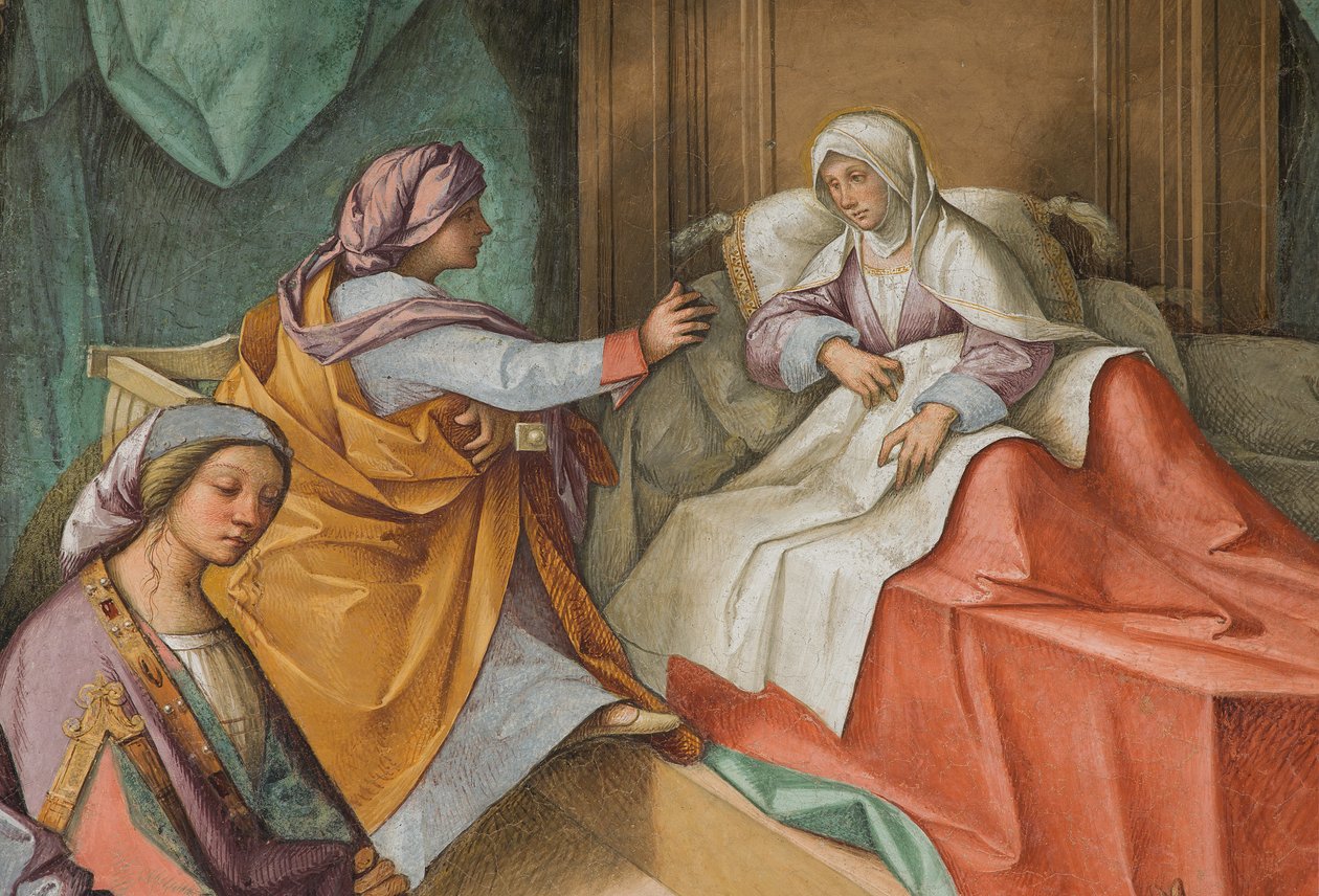 Zentrales Kirchenschiff, Zweite Nordspanne, Geburt der Jungfrau, Boccaccio Boccaccino 1514-15, Detail von Boccaccio Boccaccino