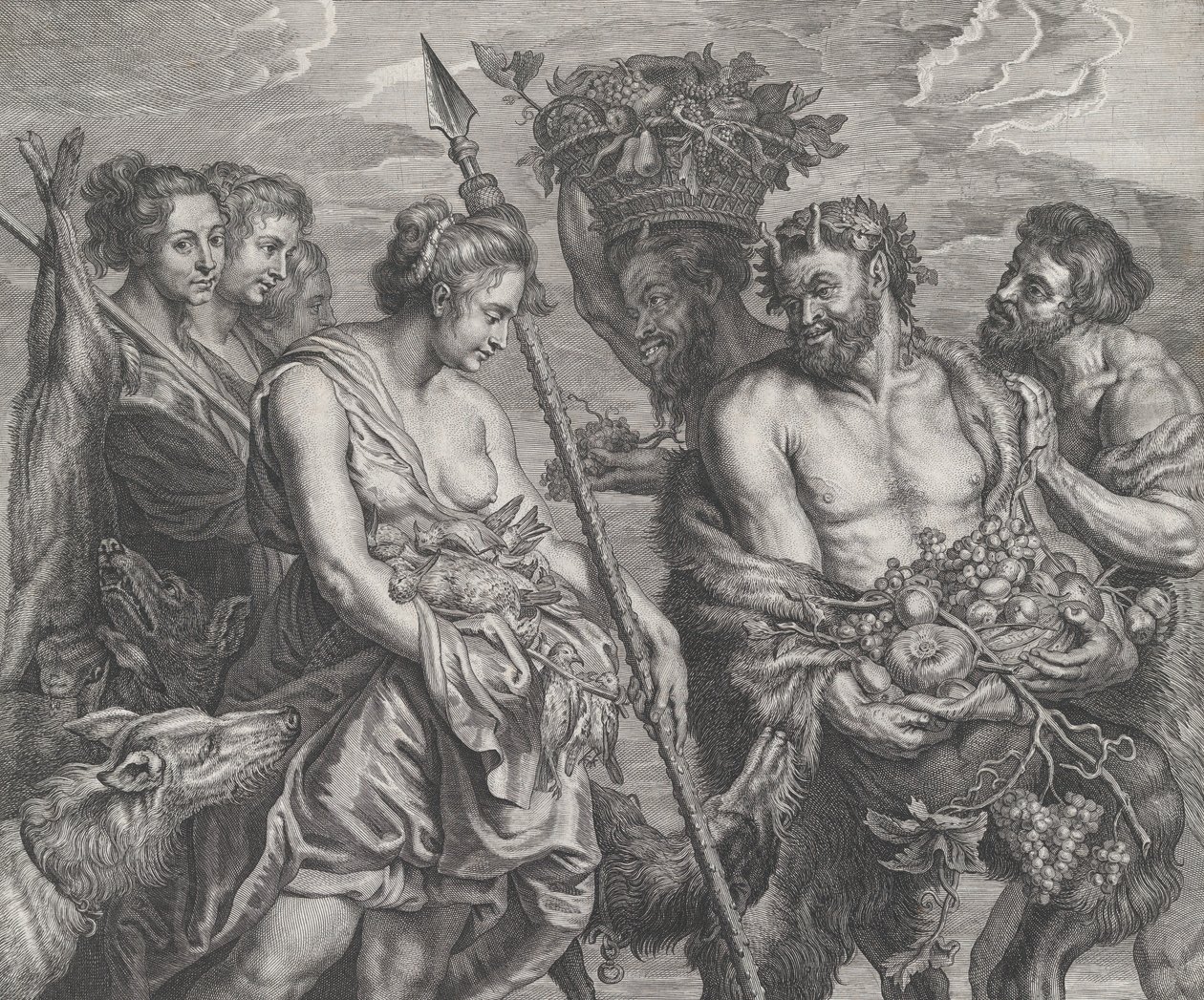Diana kehrt von der Jagd zurück, begleitet von Hunden und ihren Nymphen links, zwei Sat..., ca. 1640-59 von Boetius Adams Bolswert