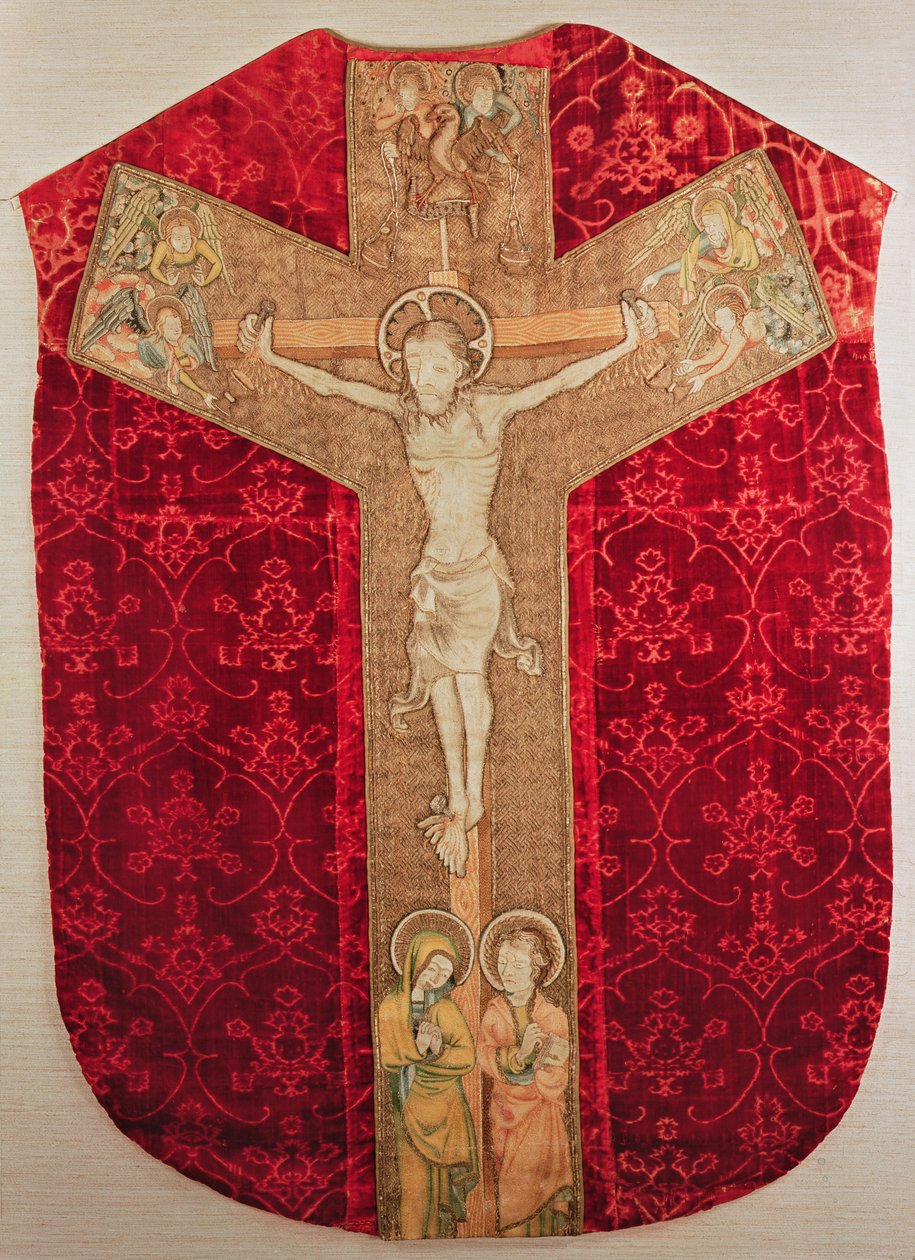 Bestickte Orphrey auf böhmischer Kasel, die die Kreuzigung mit Jungfrau und Engeln darstellt, spätes 14. Jahrhundert von Bohemian School
