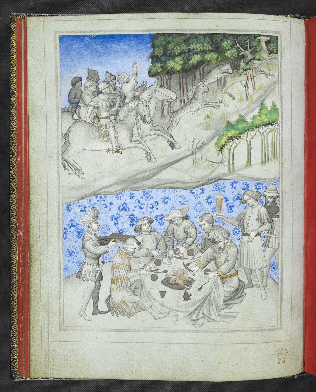 Add 24189, f.5v, Erholung auf Zypern mit, oben, einer Hirschjagd mit Leoparden und, unten, einem Fest, aus dem 