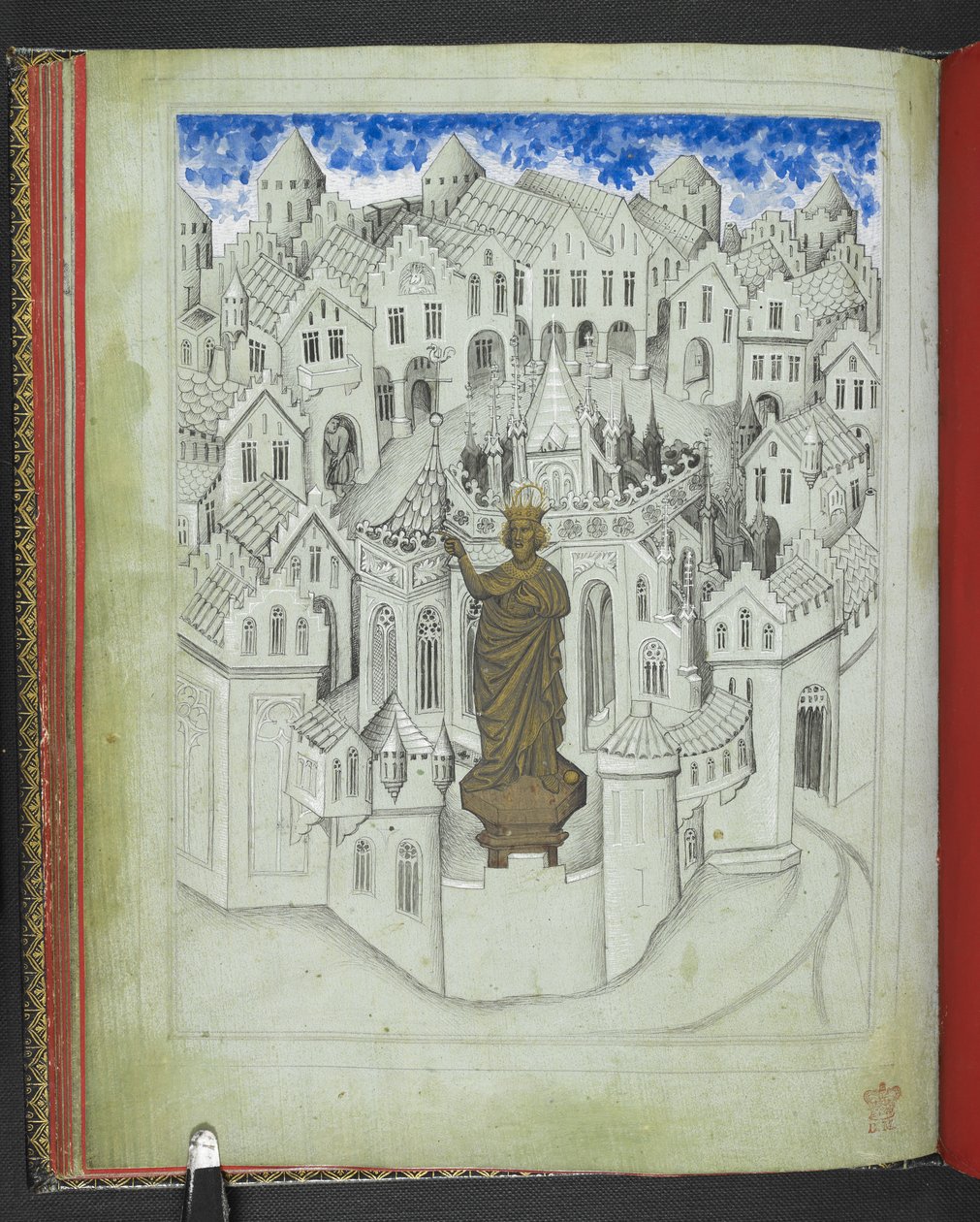 Add 24189, f.9v, Die Stadt Konstantinopel, mit einer großen Statue des Kaisers Justinian vor der Kathedrale von St. Sophia, aus dem 