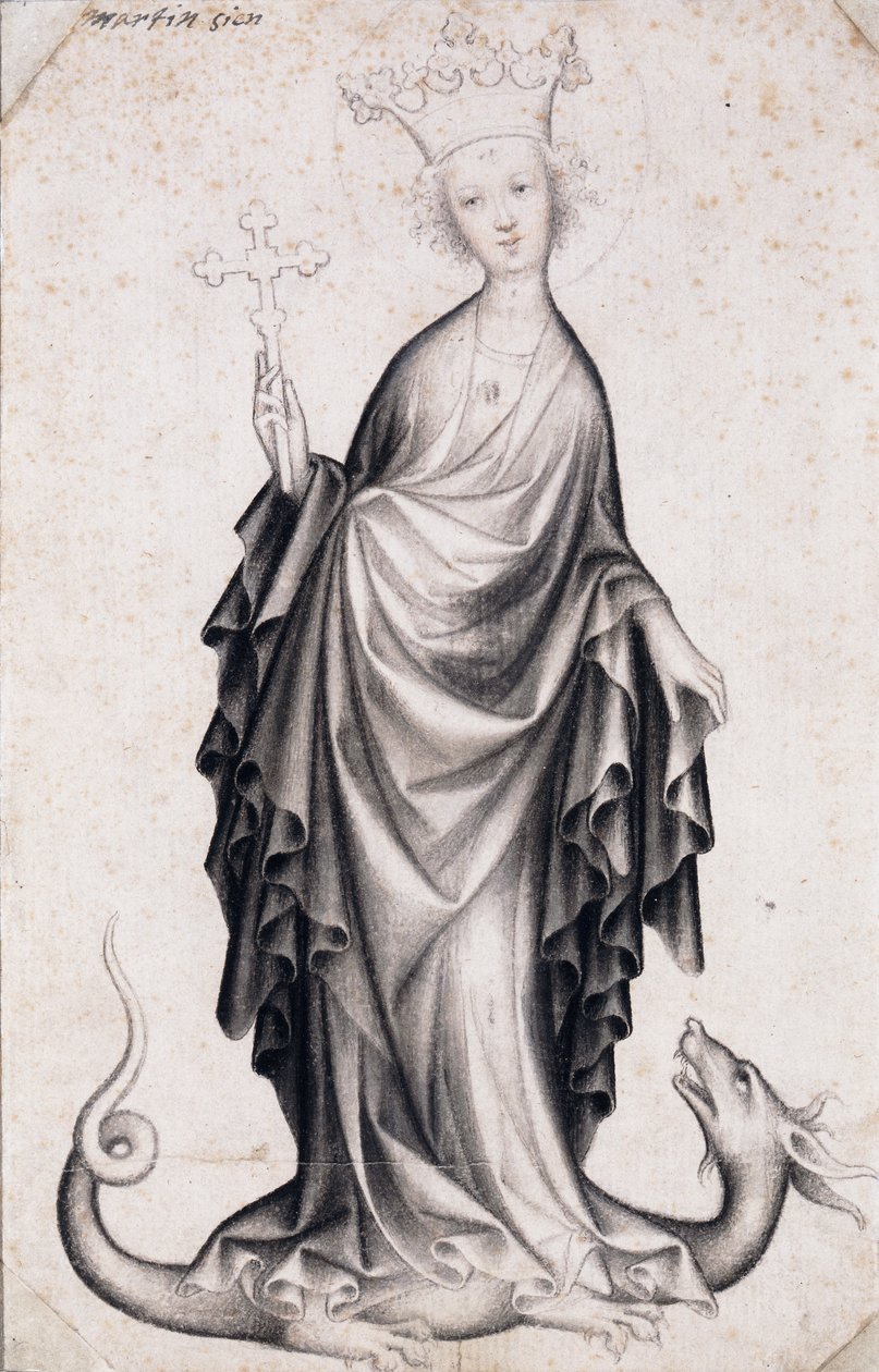 Heilige Margarete von Antiochia (gestorben um 305) (Saint Margaret) (sie hält ein Kruzifix und tritt auf einen Drachen) - Werk eines böhmischen Meisters (aktiv 1410-1420), Bleistift und Pinsel auf Papier (21,4x14 cm), um 1410 - Szépművészeti Múzeum, Budape von Bohemian School