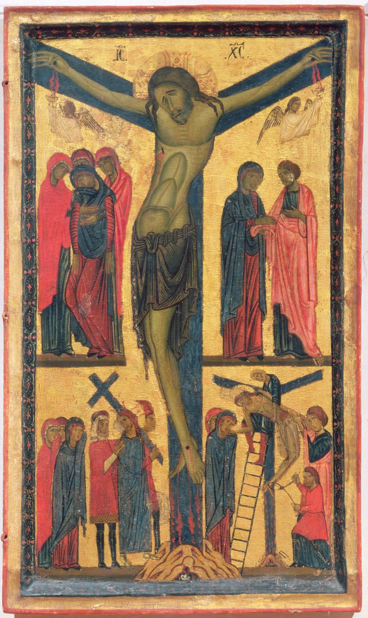 Die Kreuzigung mit heiligen Frauen, Trauernden, Christus auf dem Weg nach Golgatha und der Kreuzabnahme, rechte Tafel eines Diptychons von Bonaventura Berlinghieri