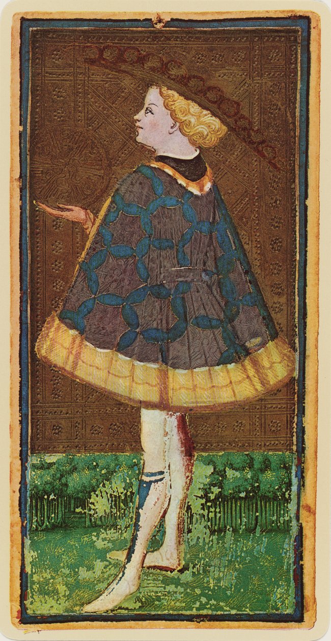 Der Bube der Münzen, Faksimile einer Tarotkarte aus dem 