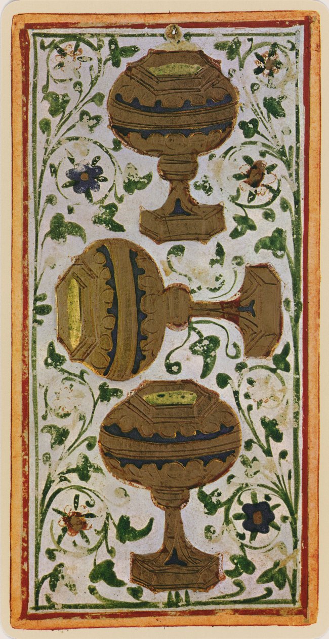 Die Drei der Kelche, Faksimile einer Tarotkarte aus dem 