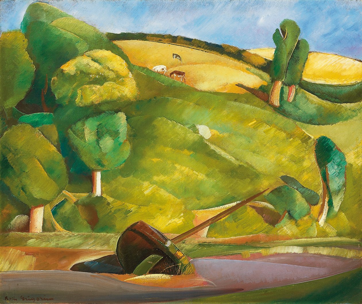 Segelboot in einer kubistischen Landschaft, frühe 1920er von Boris Dmitrievich Grigoriev