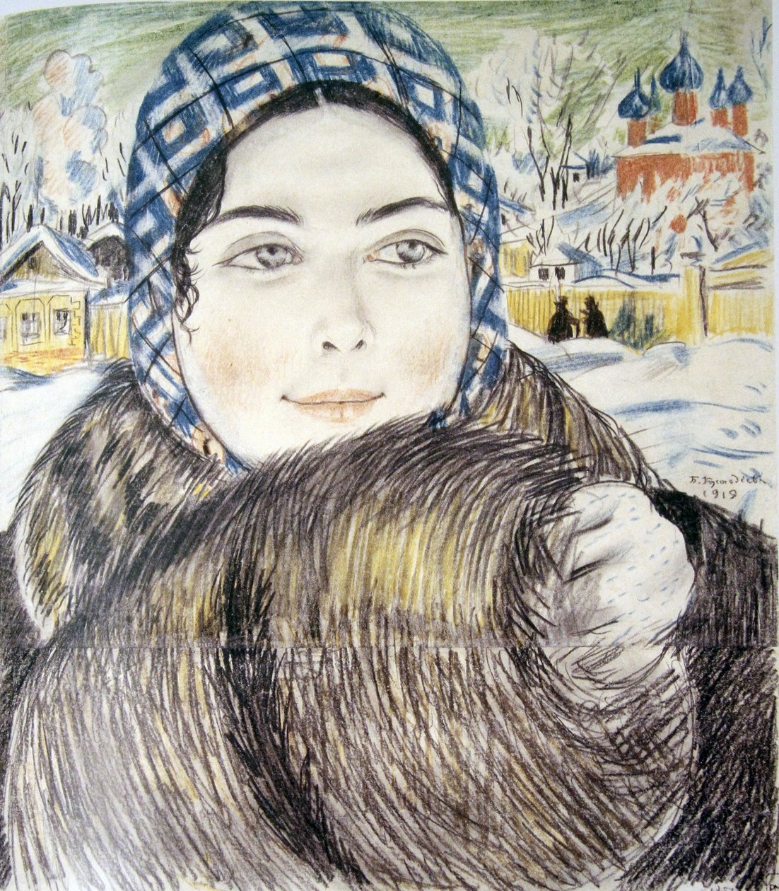 Die Frau eines jungen Kaufmanns mit kariertem Schal - Boris Michaylovich Kustodiev von Boris Mikhailovich Kustodiev