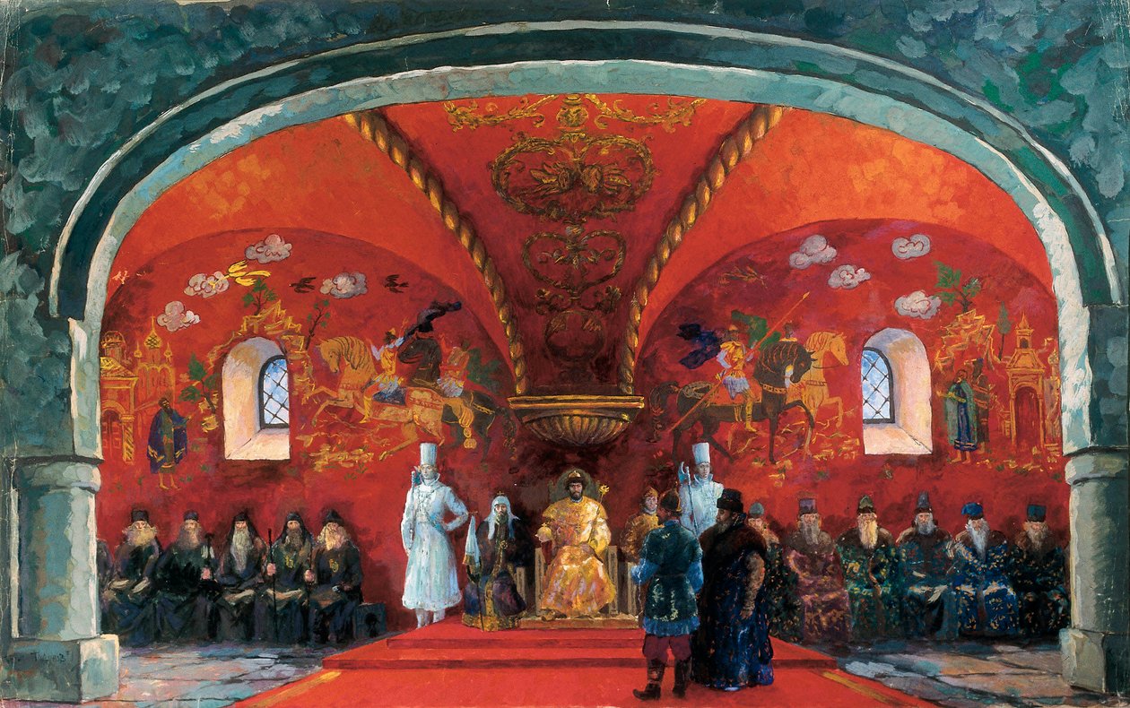 Darstellung von Boris Fyodorovich Godunov (1551-1605), Zar von Russland, Dekor für das Theaterstück „Boris Godunov“ von Alexander Sergejewitsch Puschkin von Boris Mikhailovich Kustodiev