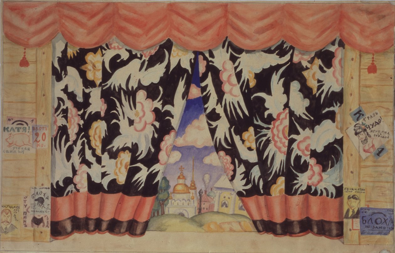 Skizze des Vorhangs für das Theaterstück Der Floh von E. Zamyatin, 1925-1926 von Boris Mikhailovich Kustodiev