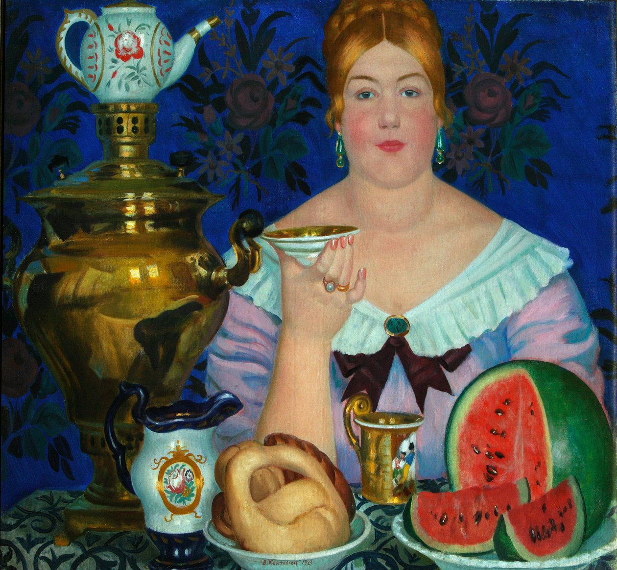 Die Kaufmannsfrau trinkt Tee, 1923 von Boris Mikhailovich Kustodiev