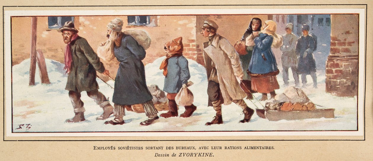 Sowjetische Arbeiter verlassen das Büro mit ihren Essensrationen, aus Histoire des Soviets, veröffentlicht 1922 von Boris Vasilievich Zvorykin