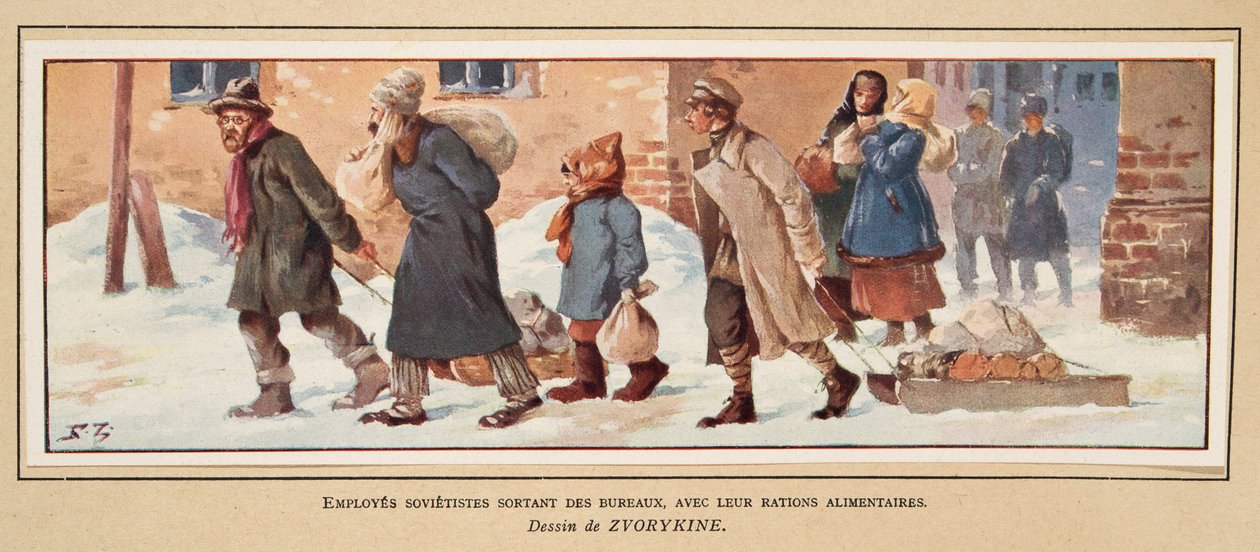 Sowjetische Arbeiter verlassen das Büro mit ihren Essensrationen, aus Histoire des Soviets, veröffentlicht 1922 von Boris Vasilievich Zvorykin