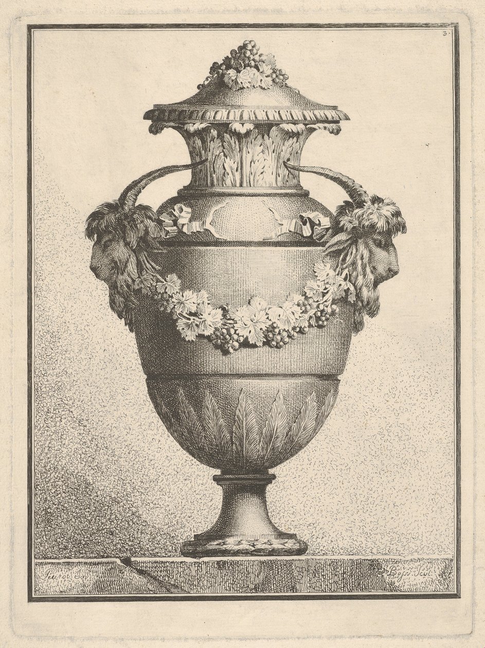 Entwurf für eine Vase mit zwei Ziegenköpfen und einer Girlande von Bossi