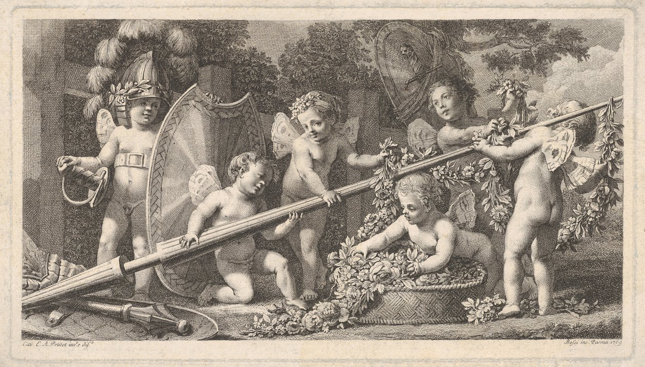 Sechs Putti spielen mit den Waffen des Mars, vier halten eine große Lanze, einer links..., 1769 von Bossi