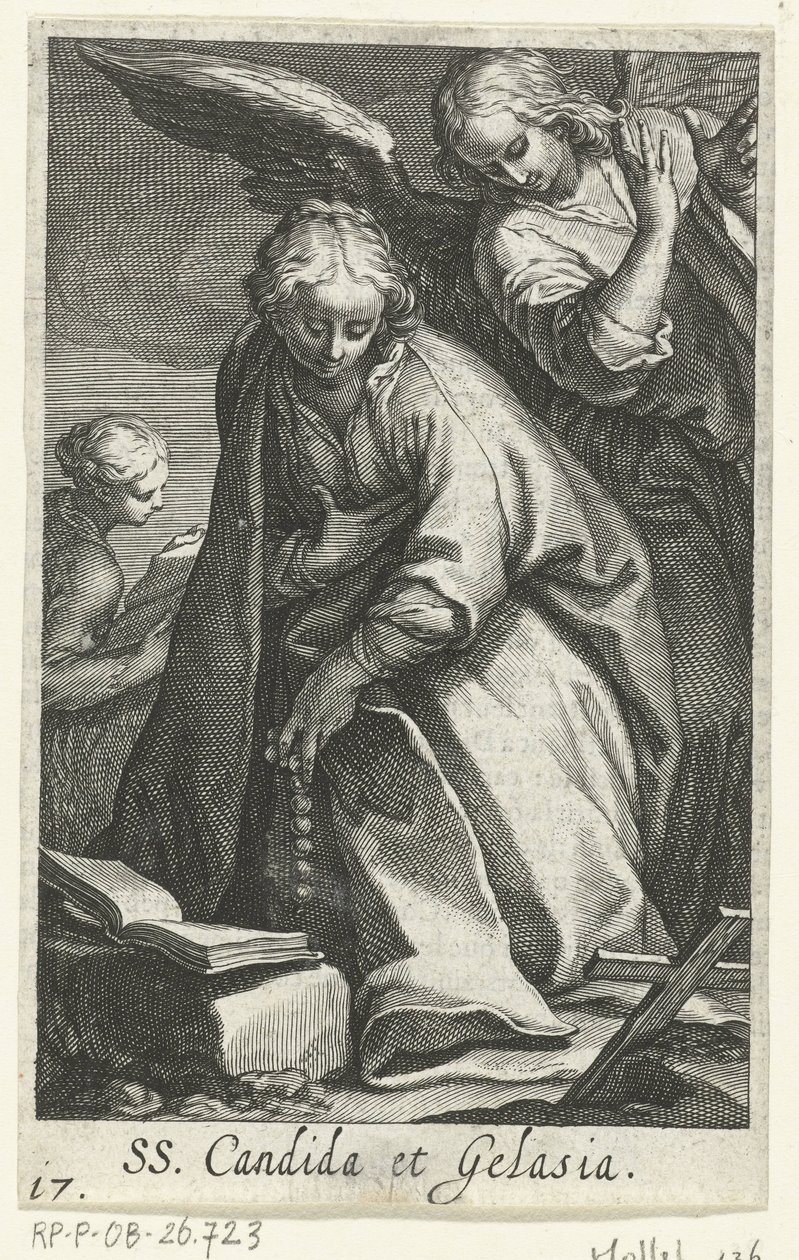 Heilige Candida und heilige Gelasia als Einsiedlerinnen mit Engel von Boëtius Adamsz. Bolswert