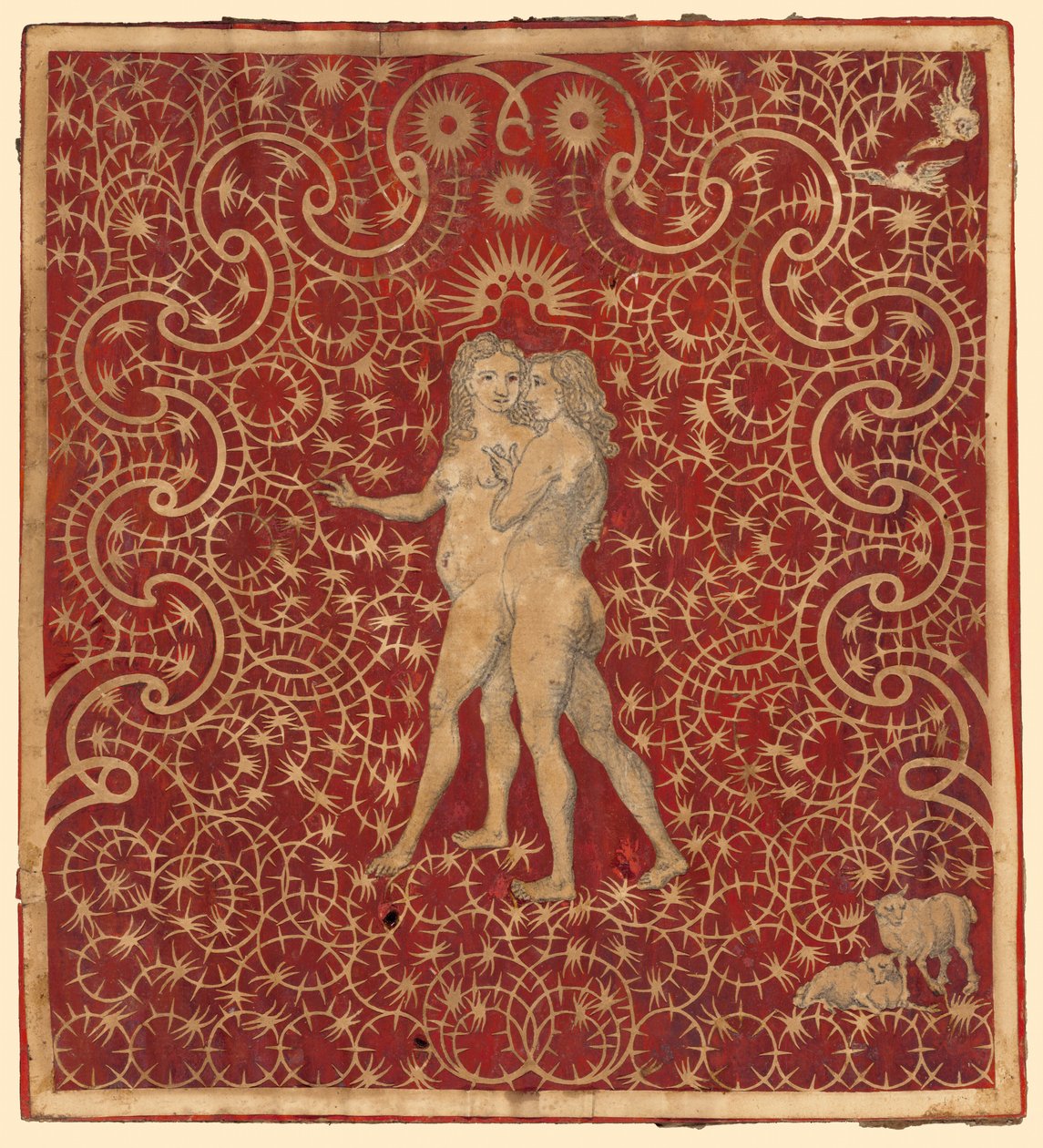 Adam und Eva im Garten mit einem Paar Schafe und einem Paar Tauben von British 18th Century