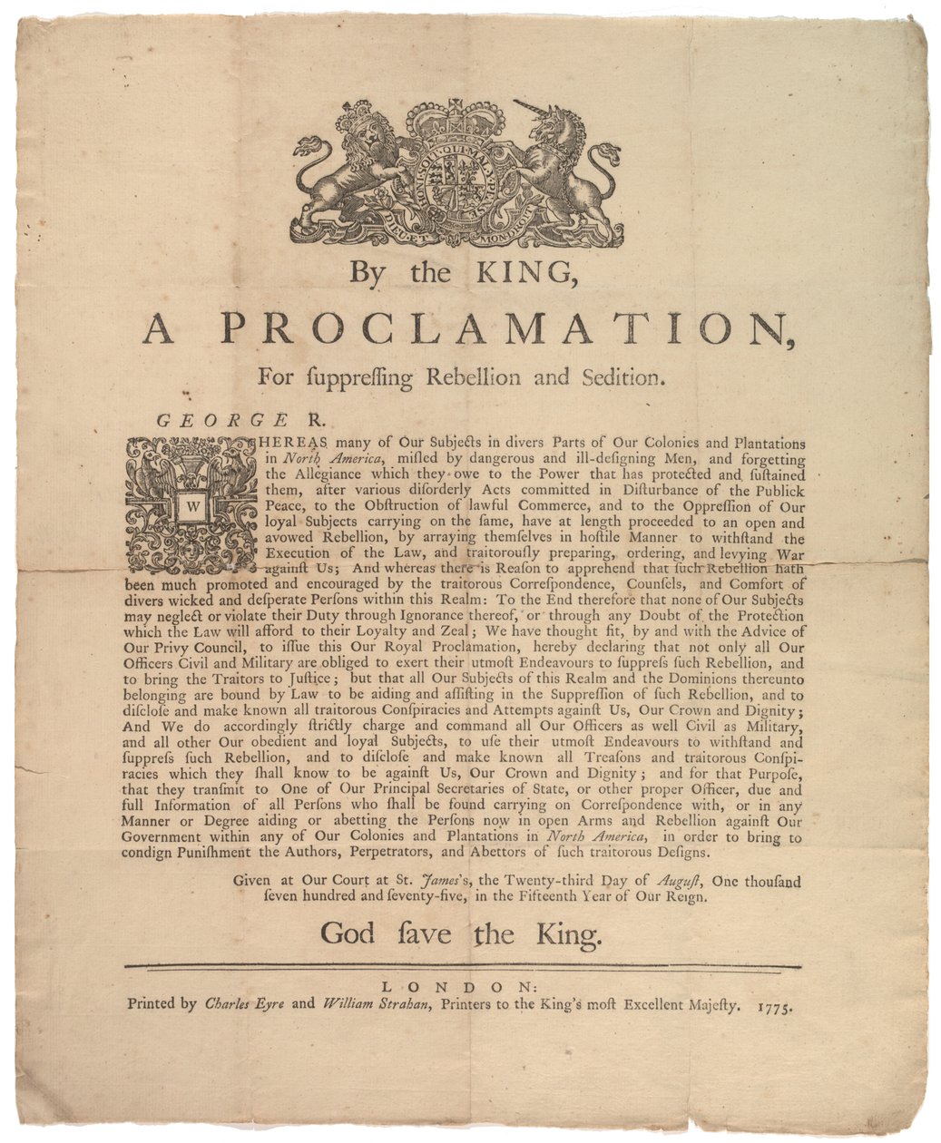 Eine Proklamation zur Unterdrückung der Rebellion..., 23. August 1775 von British School