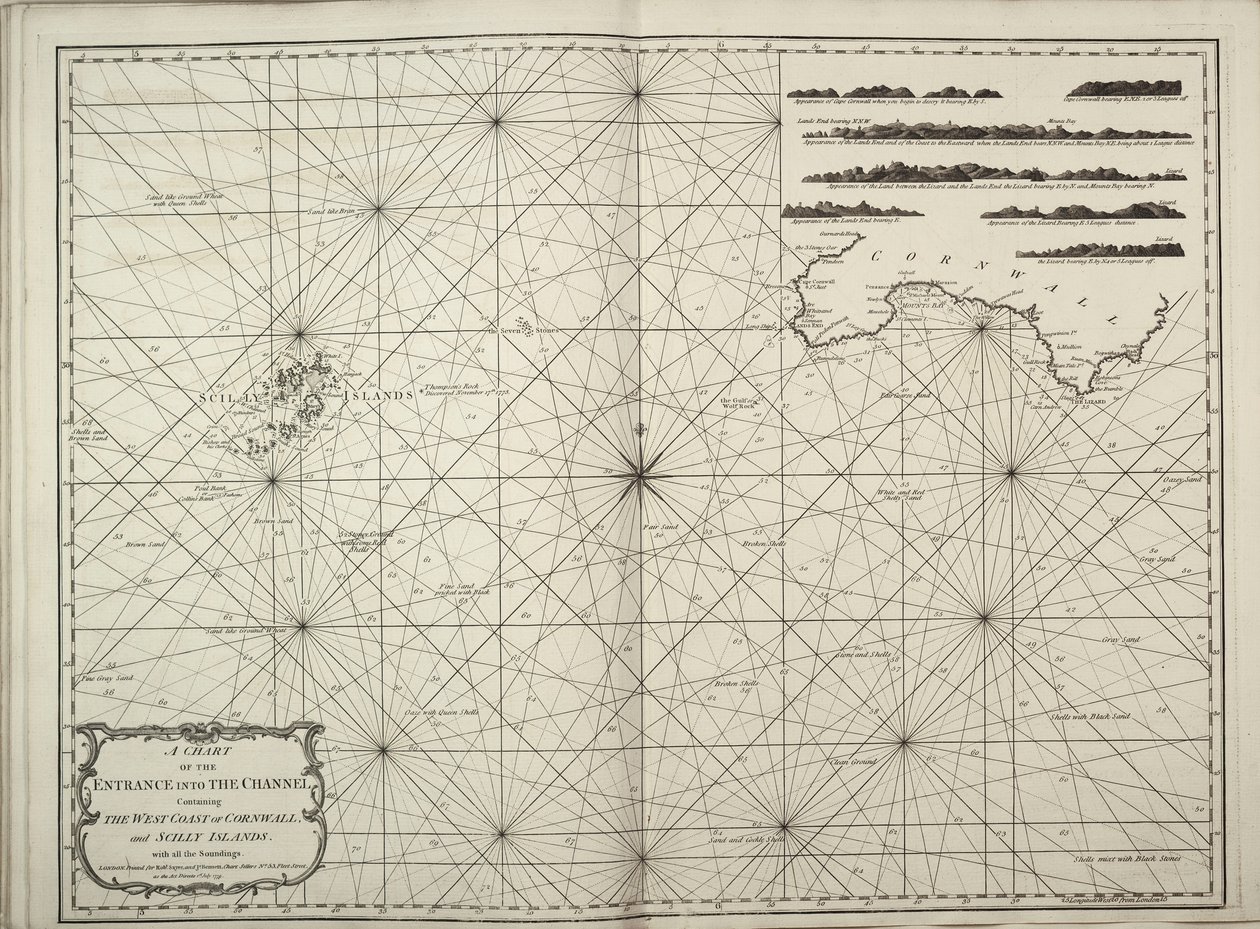 Eine Karte des Eingangs in den Kanal mit der Westküste von Cornwall und den Scilly-Inseln mit allen Tiefenangaben von British School