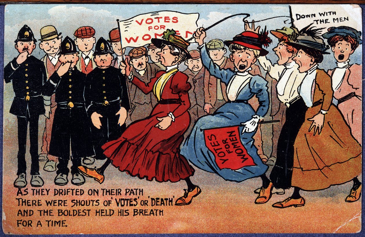 Demonstration der englischen Suffragetten - Karikatur-Postkarte von British School