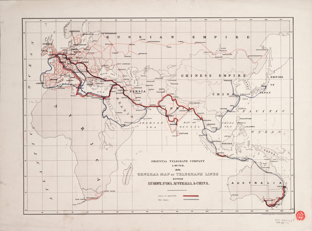 Allgemeine Karte der Telegrafenlinien zwischen Europa, Indien, Australien und China von British School