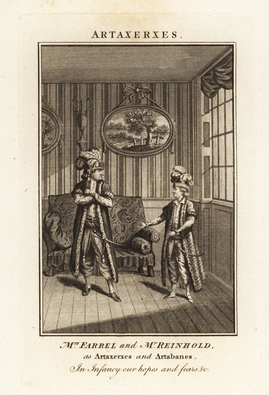 Mrs Margaret Farrel und Mr Charles Frederick Reinhold in persischer Tracht als Artaxerxes und Artabanes in Thomas Arnes Oper Artaxerxes von British School