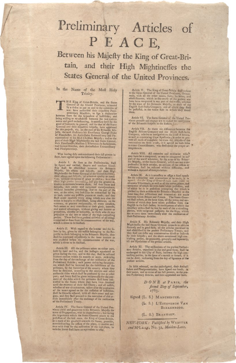 Vorläufige Friedensartikel zwischen Großbritannien und den Vereinigten Provinzen, 02. September 1783 von British School