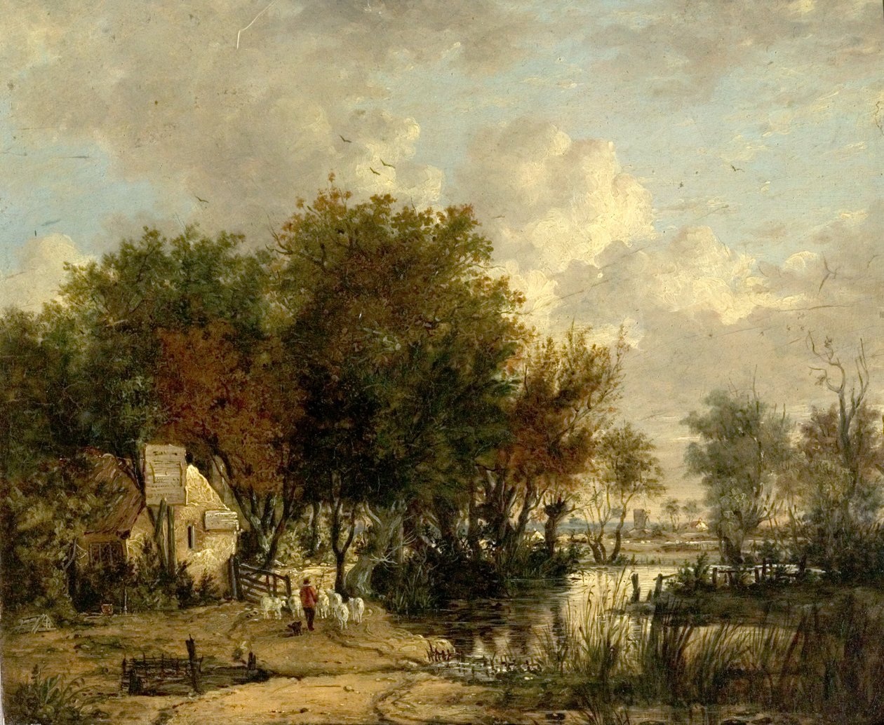 Flusslandschaft, Junge treibt Schafe von British School