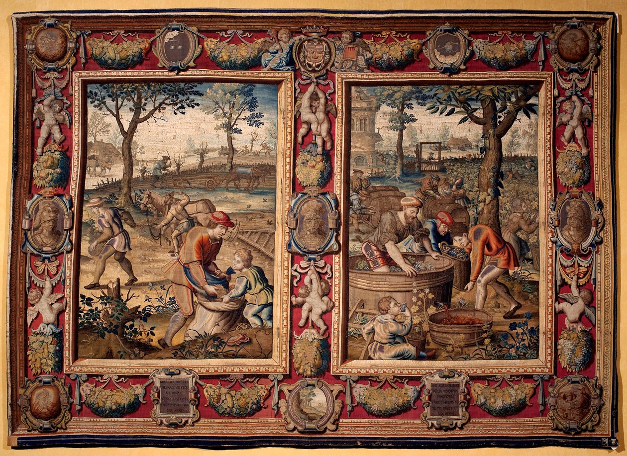 September und Oktober: „landwirtschaftliche Arbeit und Ernte“ Tapisserie der Manufakturen von Mortlake. 17. Jahrhundert Genua, Musei di Strada Nuova von British School