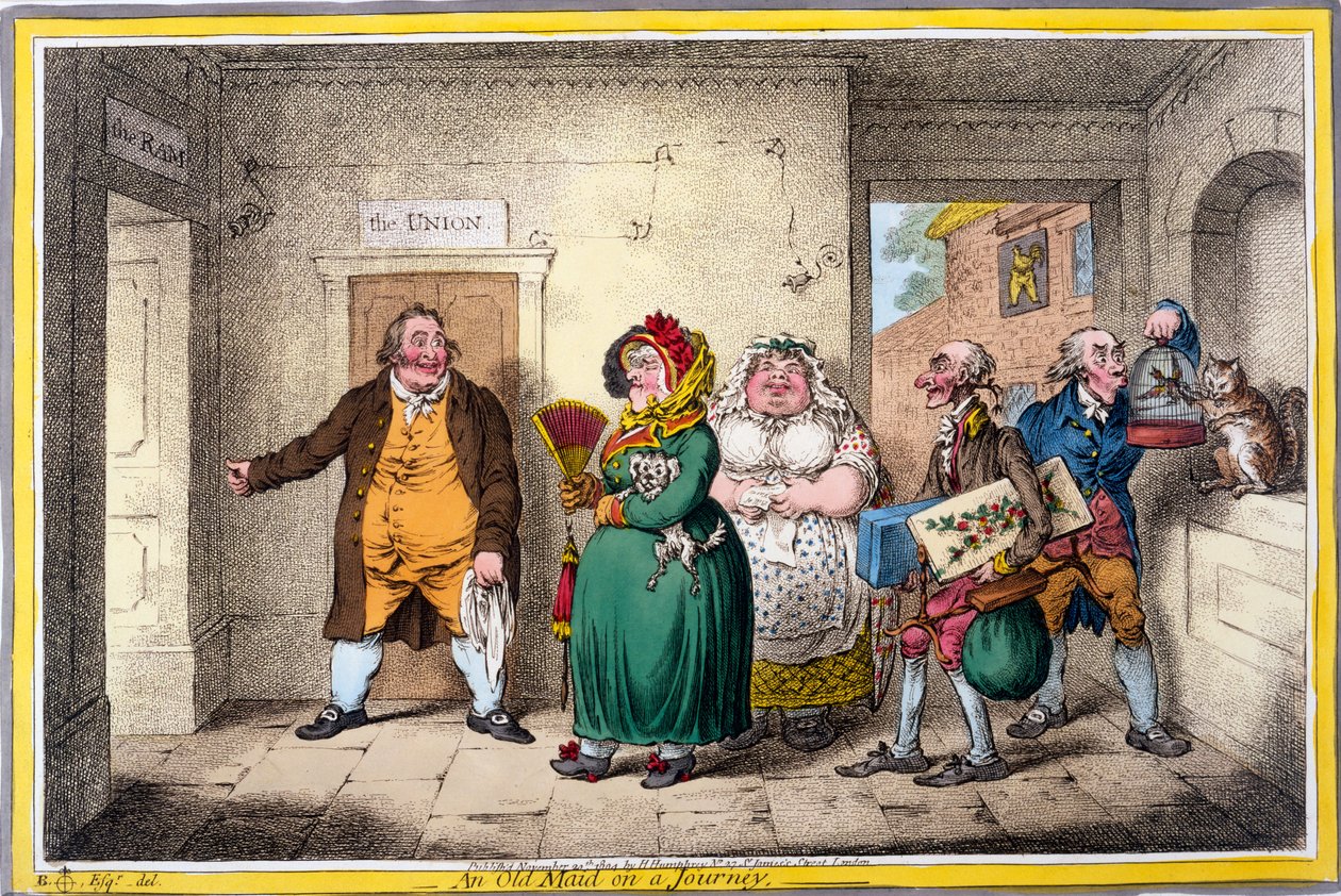 Eine alte Jungfer auf Reisen, Druck von James Gillray, 1804 von Brownlow North