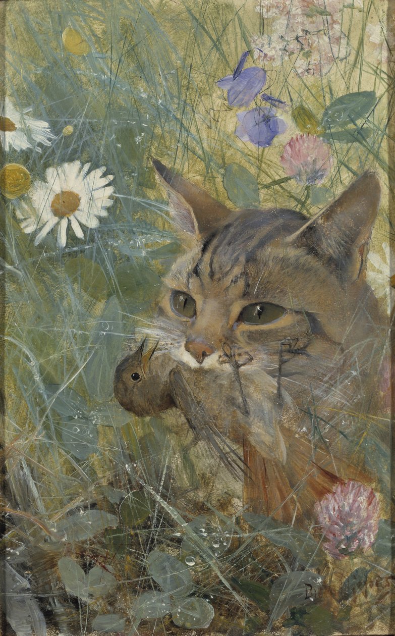Eine Katze mit einem jungen Vogel im Maul, 1885 von Bruno Andreas Liljefors