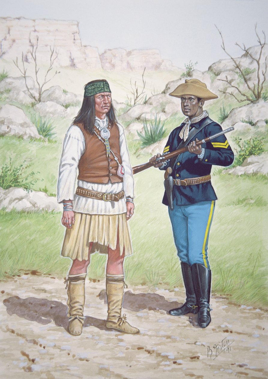 Ein Chiricahua-Apache-Krieger und ein Korporal des 10. Regiments der US-Kavallerie, 1886, aus einer Serie von sechs Tableaus von Bryan Fosten