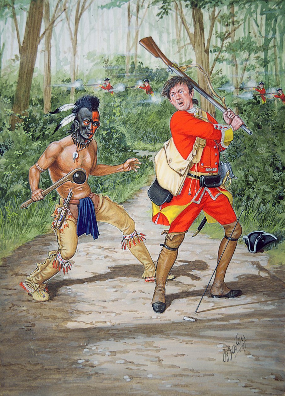 Ein Huron-Krieger gegen einen Soldaten des 44. Regiments zu Fuß im Jahr 1755, aus einer Serie von sechs Tableaus von Bryan Fosten