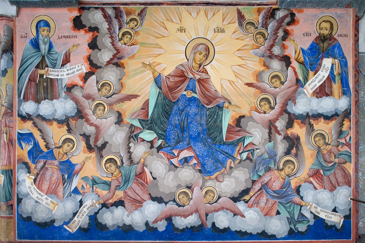 Bulgarien, Rila-Kloster, Fresko der Herrlichkeit der Jungfrau in der Kirche der Geburt der Jungfrau von Bulgarian School