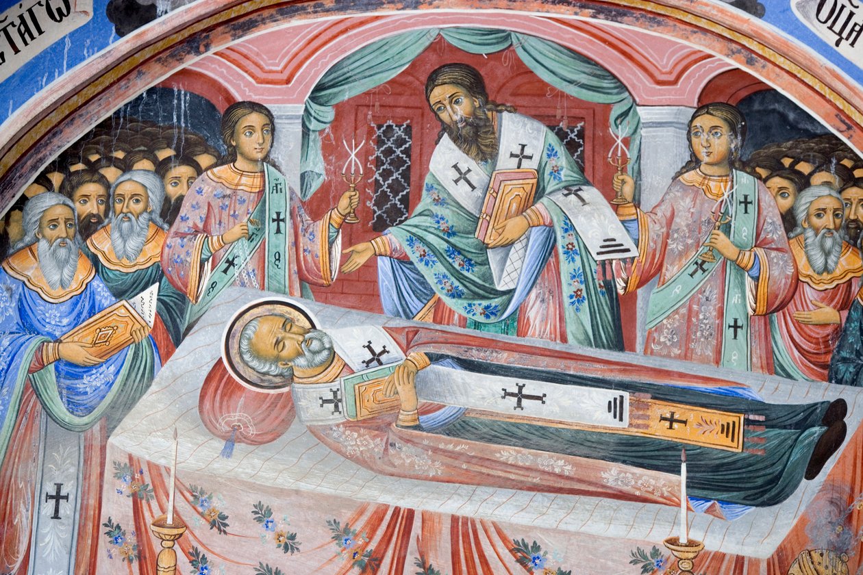 Bulgarien, Rila-Kloster, Beerdigungsfresko in der Kirche der Geburt der Jungfrau von Bulgarian School