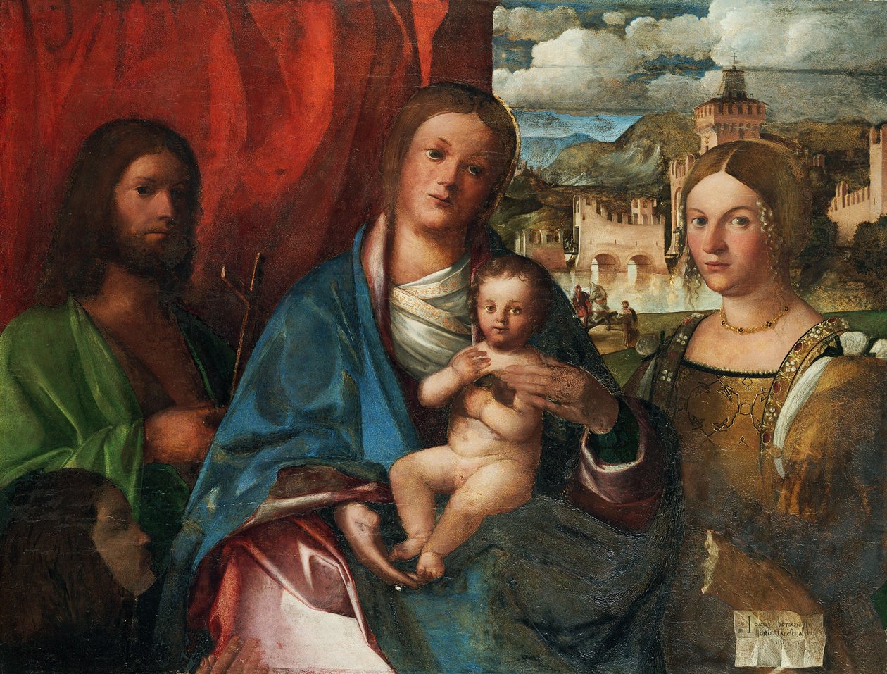 Die Jungfrau und das Kind mit den Heiligen Johannes dem Täufer, Katharina von Alexandria und Stifter, frühes 16. Jahrhundert von Buonconsiglio