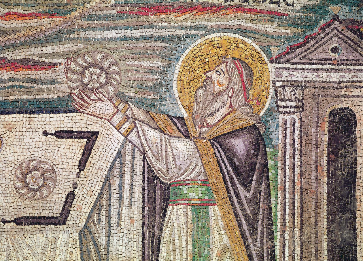 Melchisedech bietet Brot am Altar an, (Detail) der Lünette an der Südwand, die die Opfergaben von Abel und Melchisedech darstellt (Mosaik) von Byzantine School