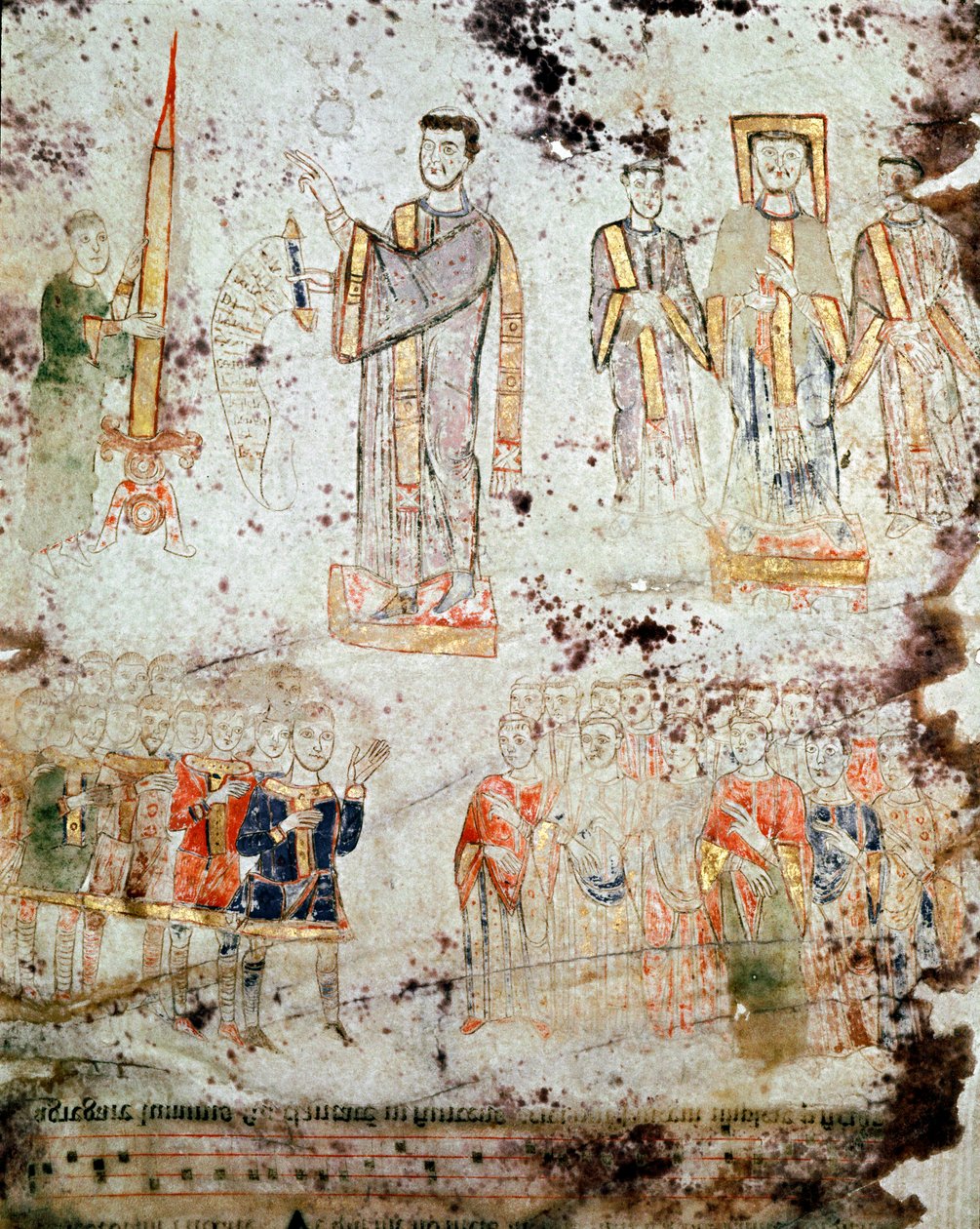 Byzantinische Kunst: „Zeremonie der Segnung der Osterkerze in Anwesenheit des Bischofs, der Mitglieder des Klerus und der Herren (Patricius) der Stadt Gaeta in Italien“ Miniatur aus „Exultet“ vom Anfang des 11. Jahrhunderts Museo Diocesano, Gaeta von Byzantine